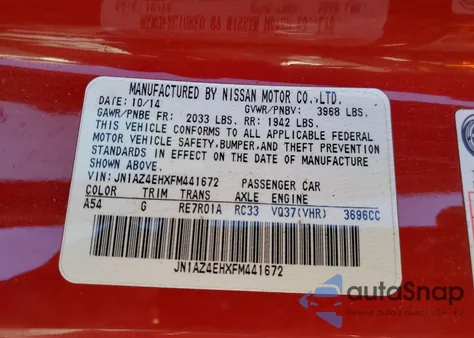 2015 Nissan 370Z Base z USA, uszkodzony, nr VIN JN1AZ4EHXFM441672